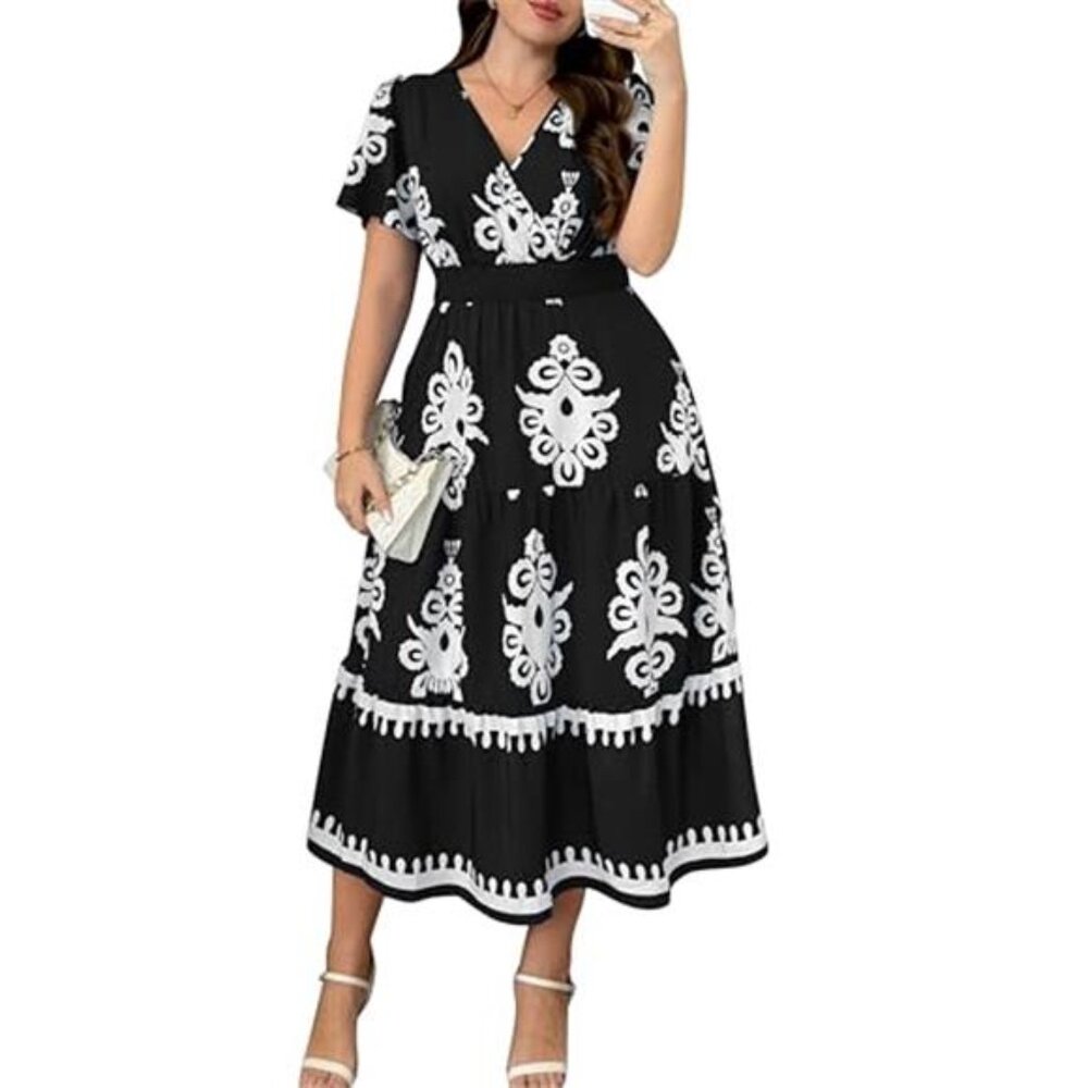 Women's Plus Size Dress Summer Floral Boho Maxi Dress with Pocket